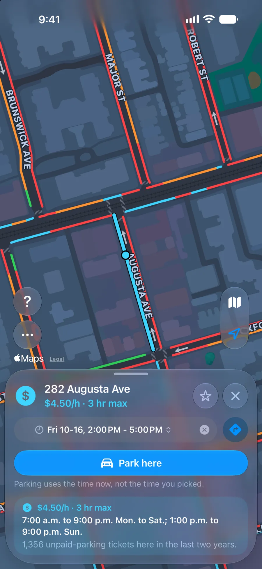 ParkKing showing 282 Augusta Ave: a paid curb, $4.50 an hour with a 3 hour maximum, with its hours and a Park here button.