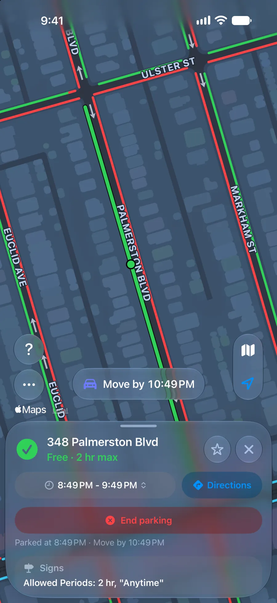 ParkKing with the car parked at 348 Palmerston Blvd, allowed for 2 hours, with a Move by 10:49 PM pill and an End parking button.