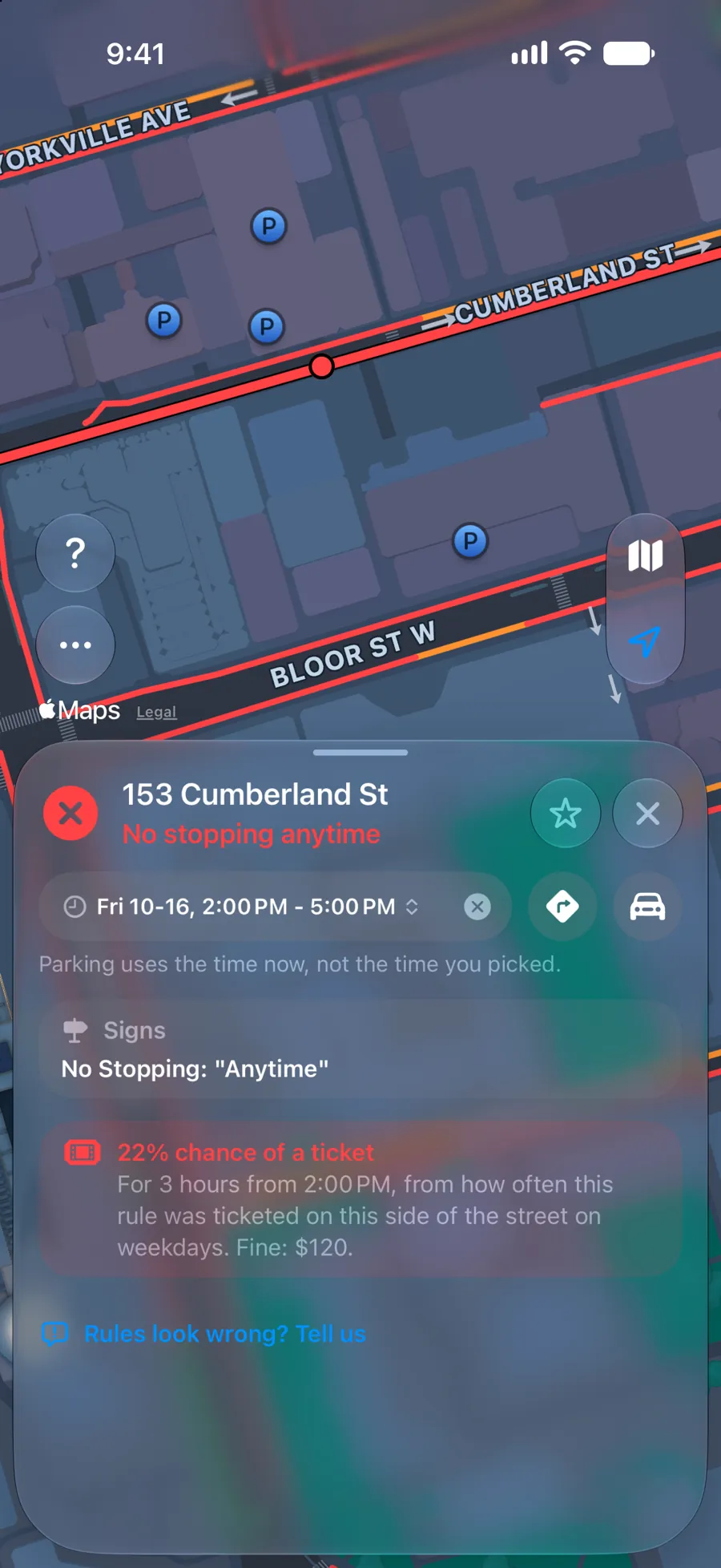 ParkKing showing 153 Cumberland St, where there is no stopping anytime, with a 22% chance of a ticket for a 3 hour stay and a $120 fine.