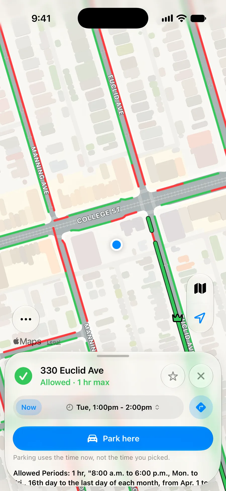 Curb selected: 330 Euclid Ave. Allowed, 1 hour max.