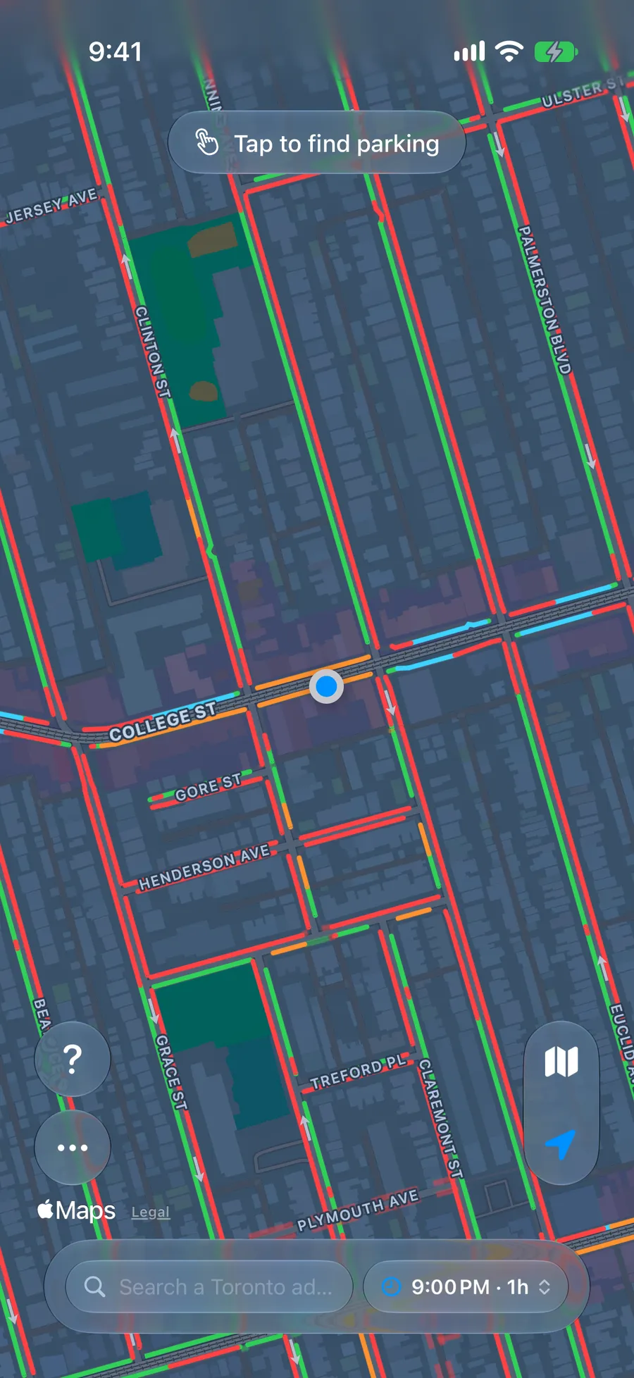 The same streets at 9 PM, when meters stop and some curbs turn green.